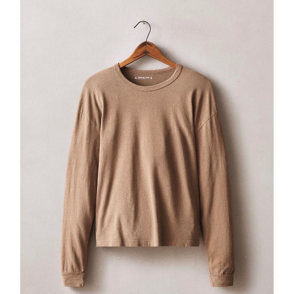 American Giant Womens Hemp Long Sleeve Crew Neck Tee T-Shirt XL Brown